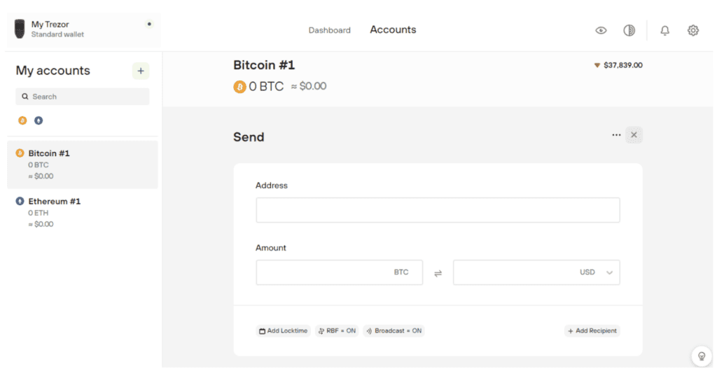 Send cryptocurrencies with Trezor wallet